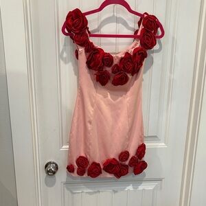 Atoir Pink Mini Dress with Red Rose Accents